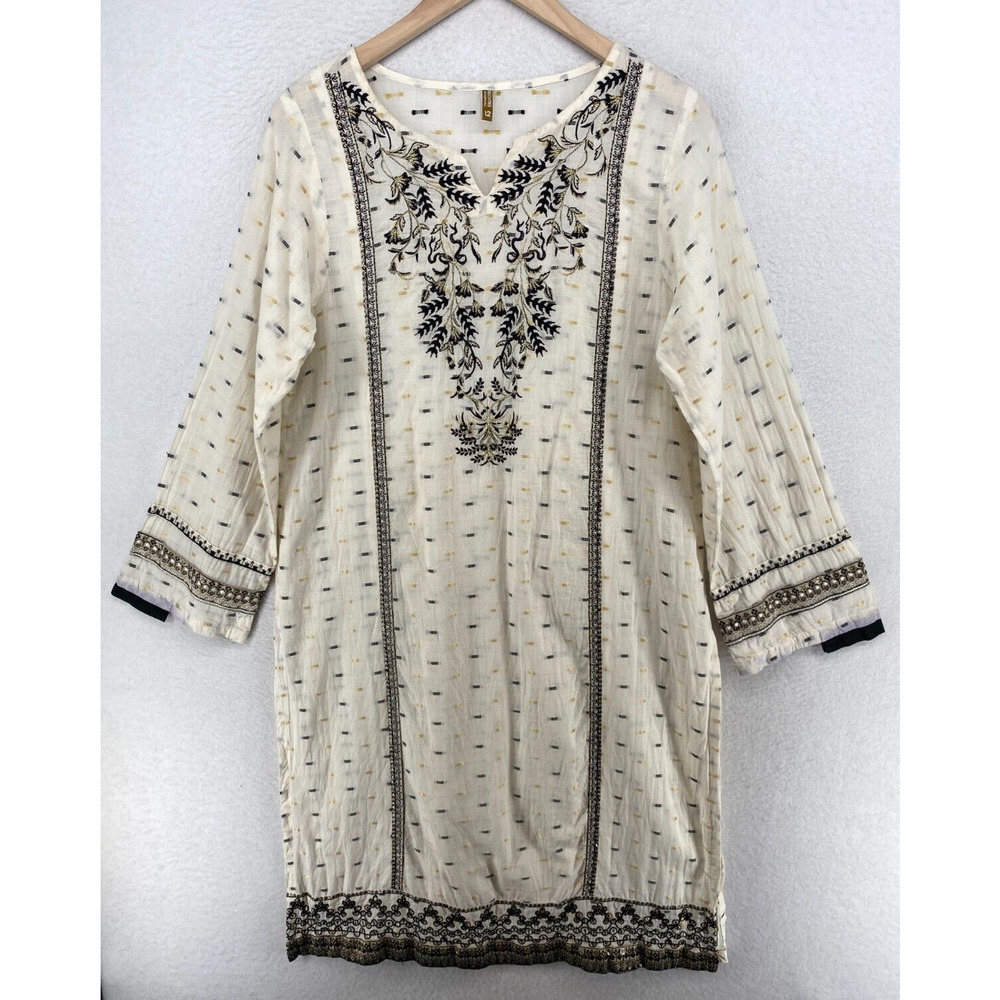 BEECHTREE Dress 12 Boho Embroidered Jacquard Embellished Long Sleeve Midi Ivory